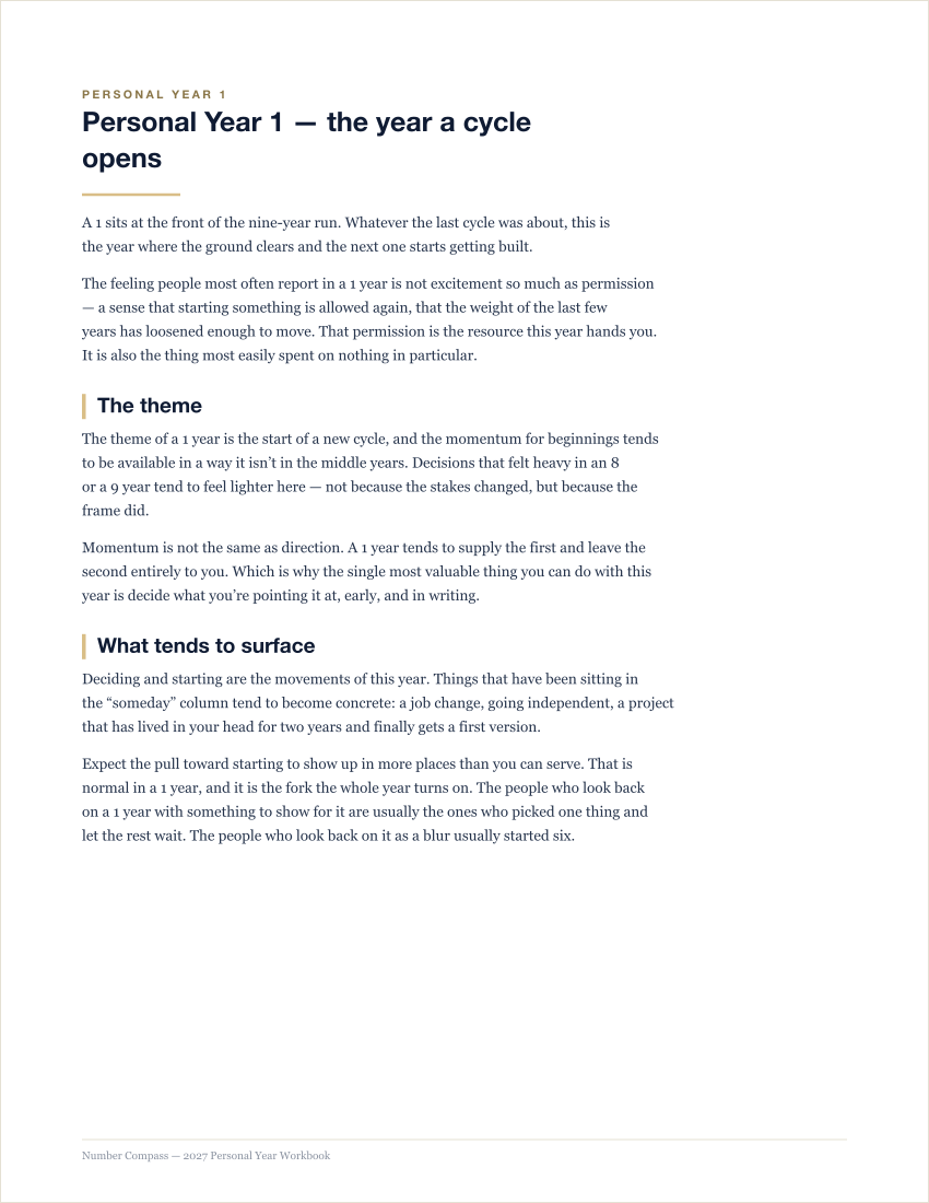 The opening page of the Personal Year 1 section, with headings “The theme” and “What tends to surface”.