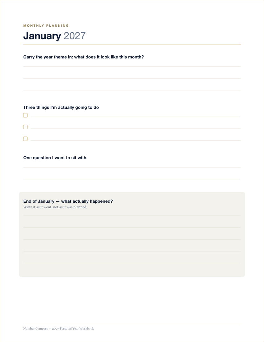 A monthly planning page for January 2027, with writing lines, three checkboxes, and an end-of-month review block.